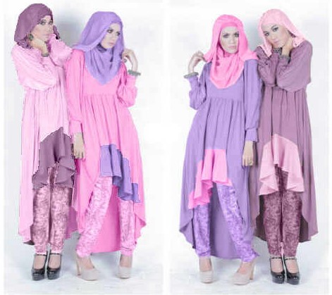 Baju dan Busana Muslim Modern Terbaru 5 - Warna Pink Muda dan Ungu Muda dengan celana Batik